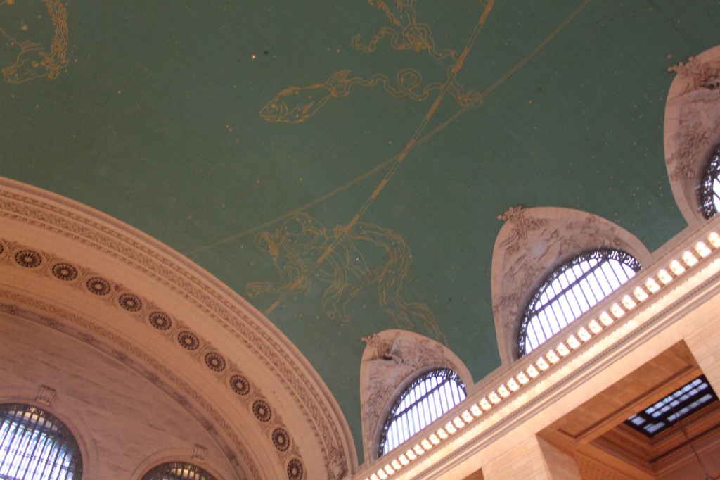 The ceiling of the Grand Central Terminal with the constellation on gold leaf.